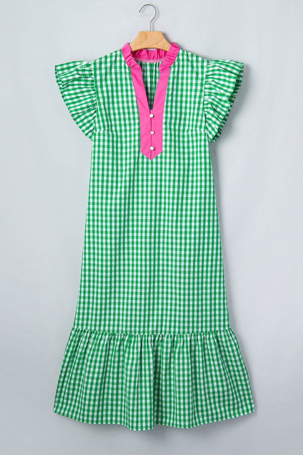 Gingham Colorblock Ruffle Sleeve Midi Dress