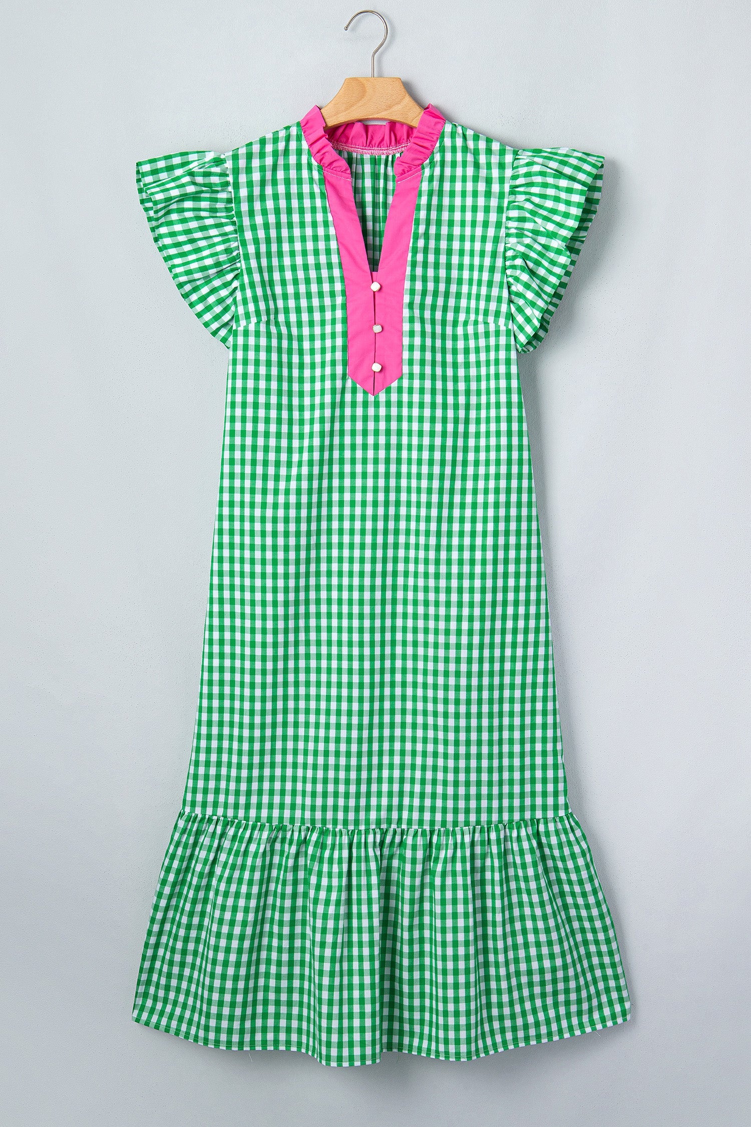 Gingham Colorblock Ruffle Sleeve Midi Dress