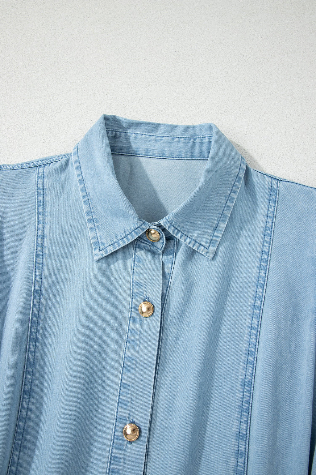 Solid Denim Collared Bubble Sleeve Buttoned Midi Dress