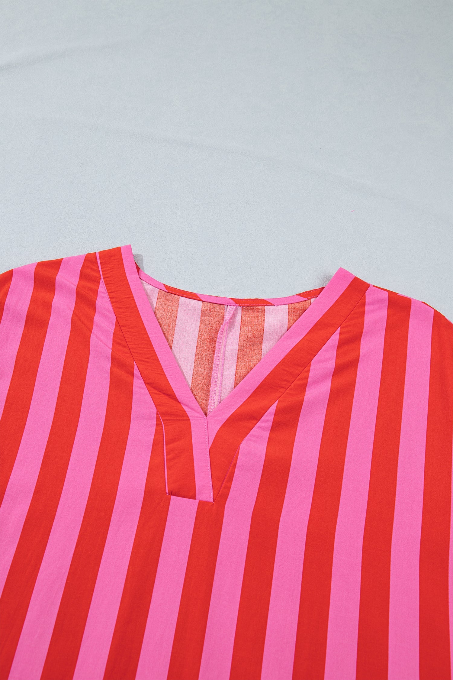 Stripe V-Neck Cuffed Sleeve Split Midi Dress