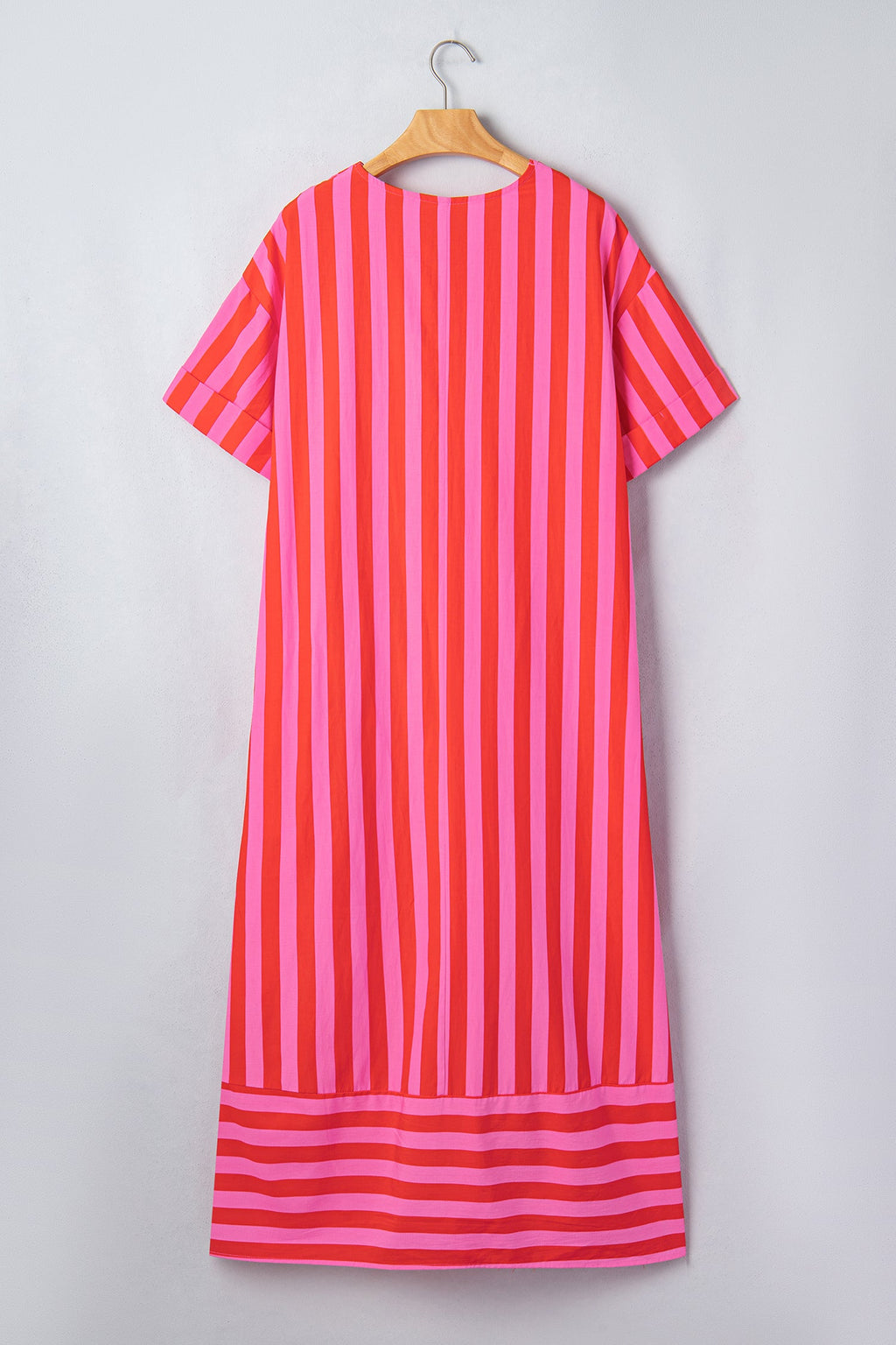 Stripe V-Neck Cuffed Sleeve Split Midi Dress