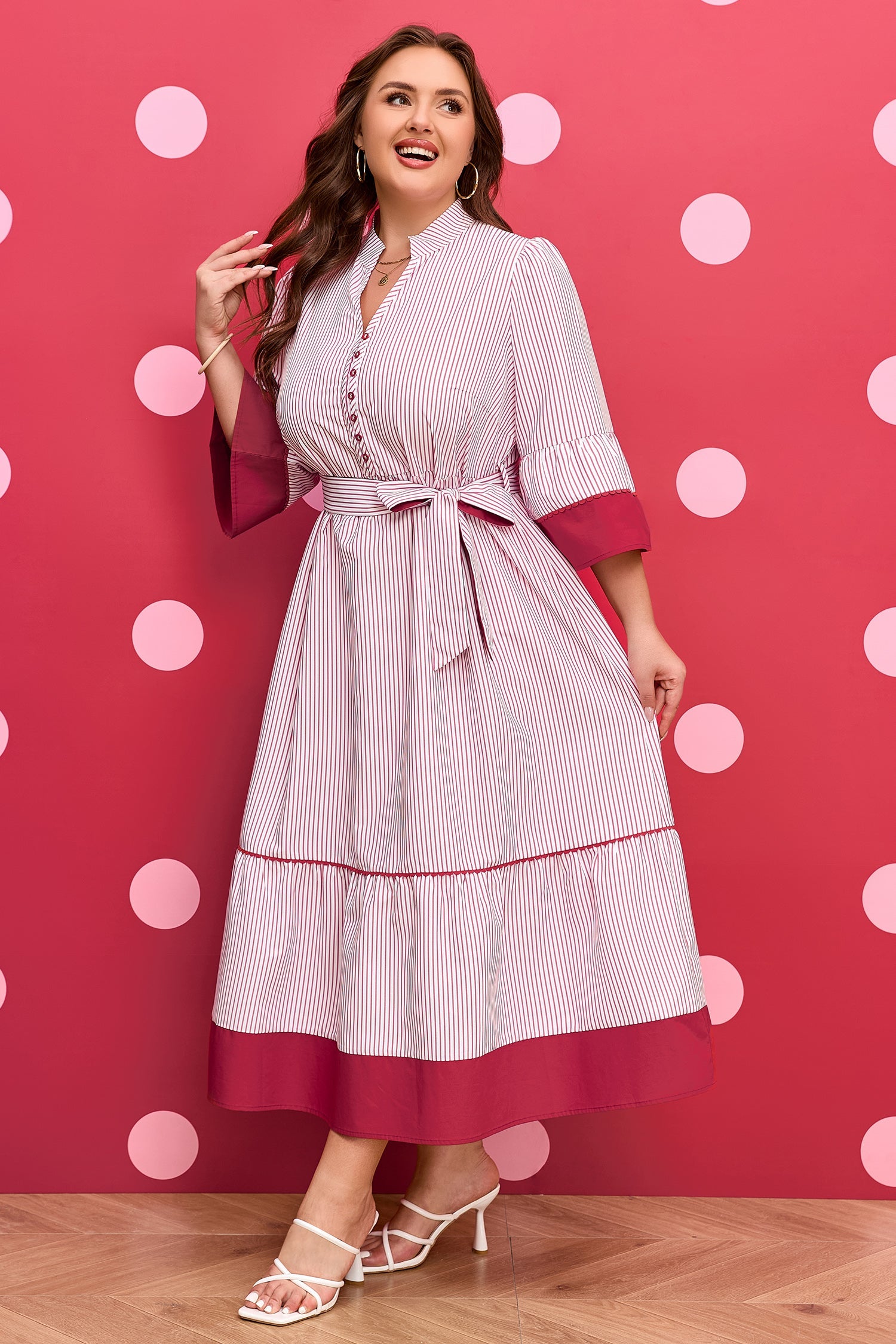 Plus Size Pinstripe Ruffle Hem Midi Dress