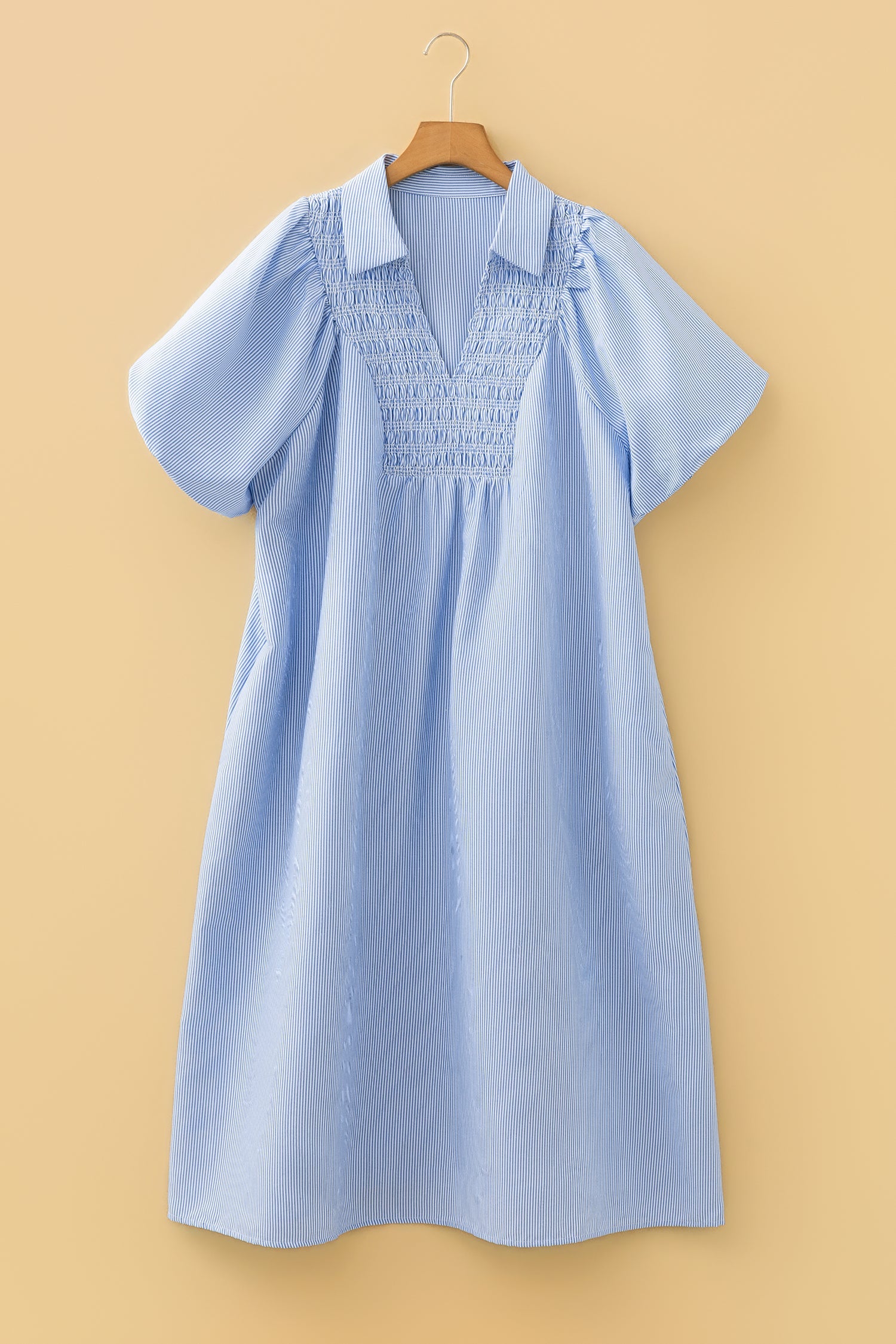 Plus Size Stripe Shirred Collared V-Neck Midi Dress